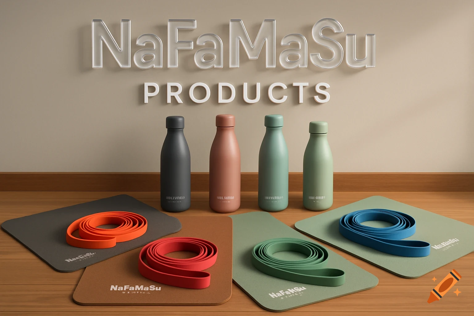 Four colorful insulated bottles and four yoga mats with coiled resistance bands, all branded 'NaFaMaSu Products' in a photorealistic style.