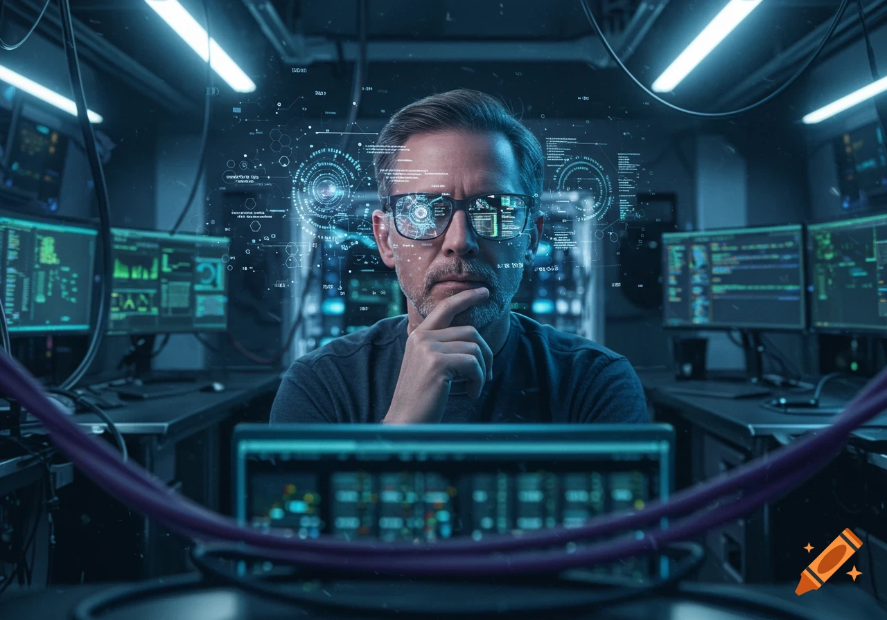 A thoughtful man with glasses reflecting digital data, surrounded by glowing computer screens and holographic interfaces in a server room.