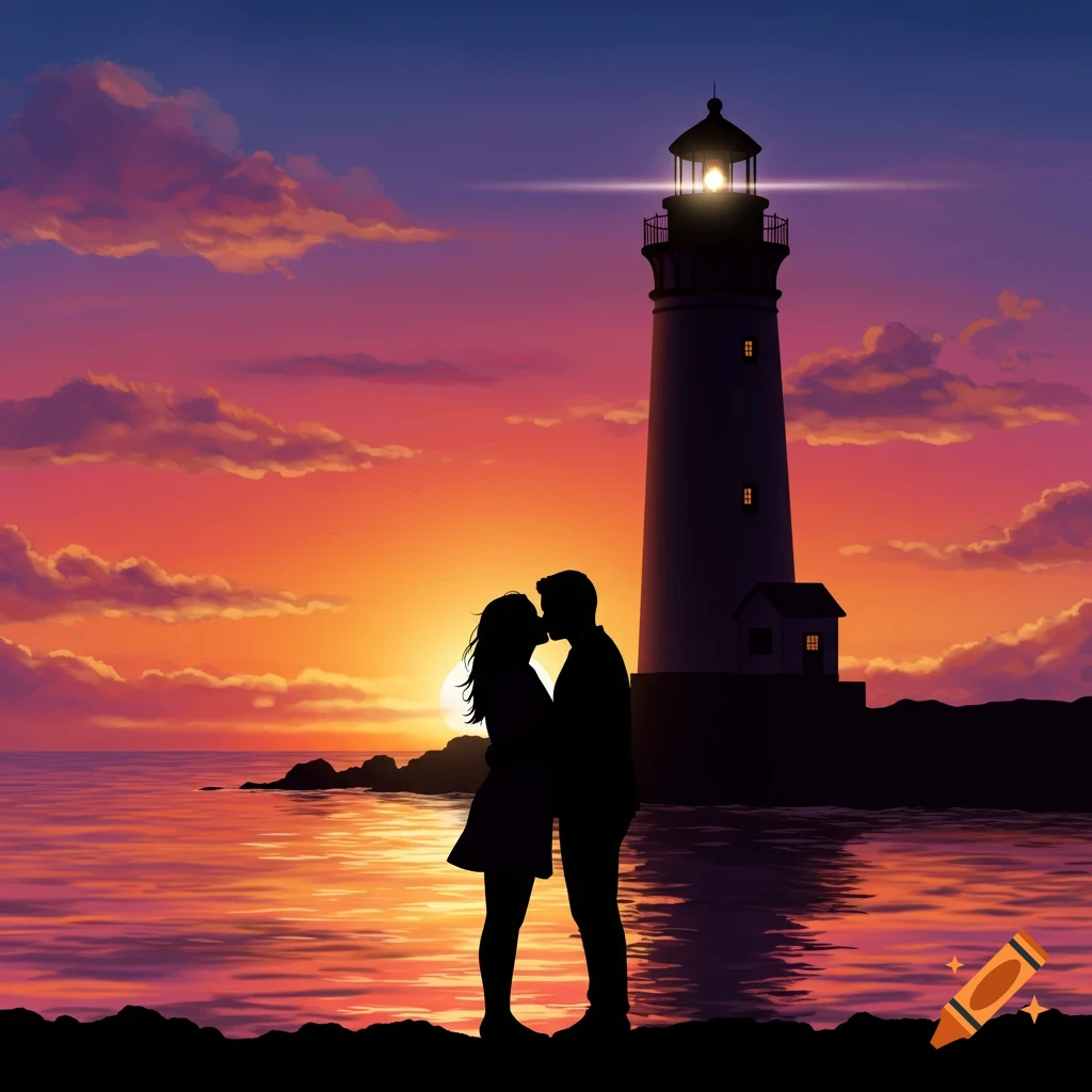 Silhouettes of a couple kissing on a shore with a lighthouse in the background against a vibrant sunset.