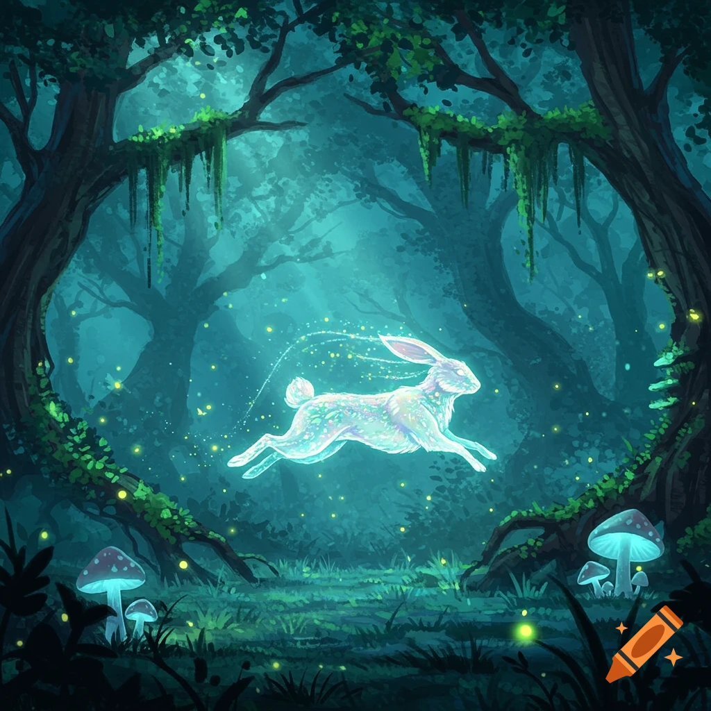 A glowing, ethereal rabbit leaps through a magical, bioluminescent ...