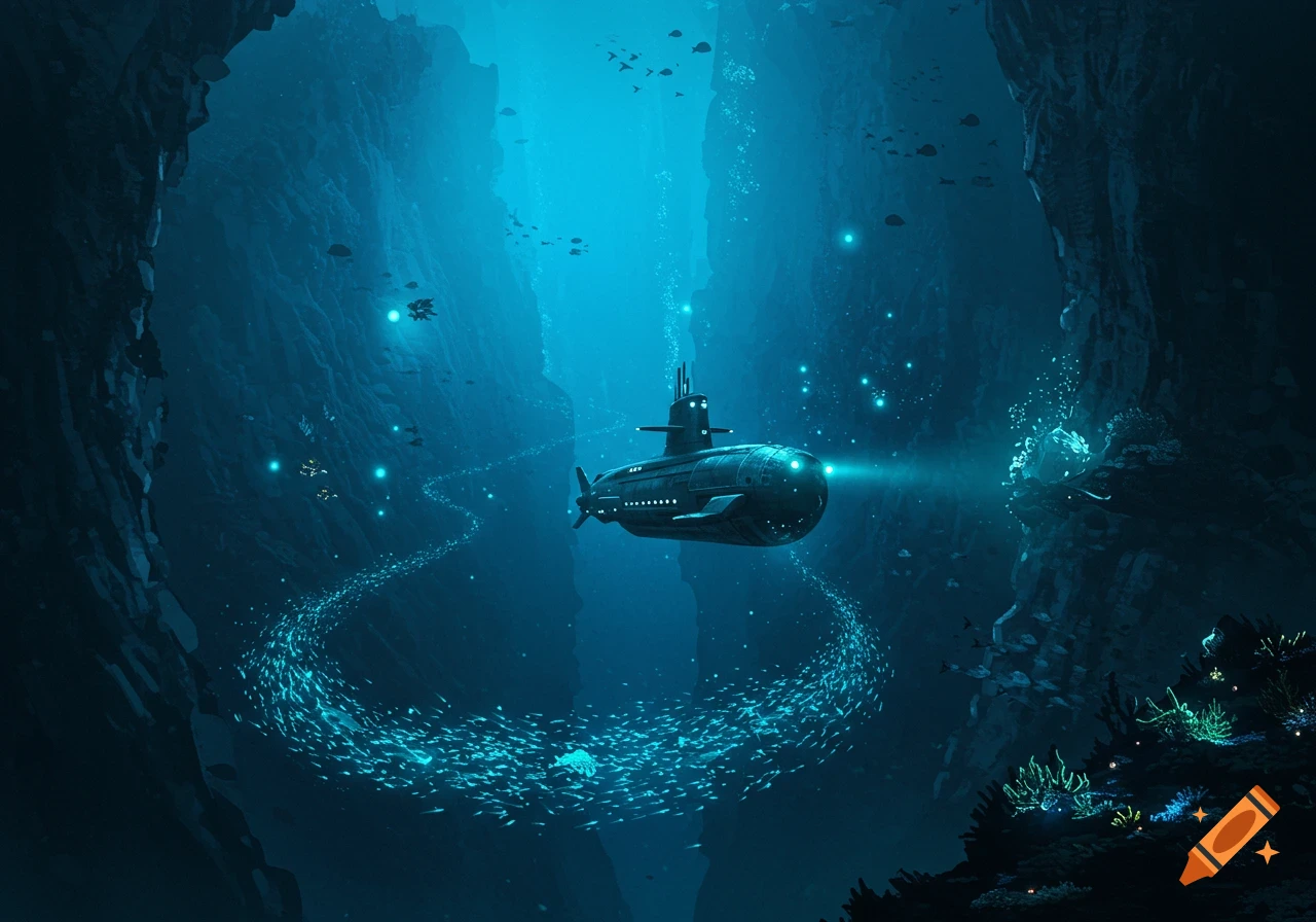 A submarine explores a dark blue deep-sea trench, its headlight shining on a school of glowing fish, digital art.