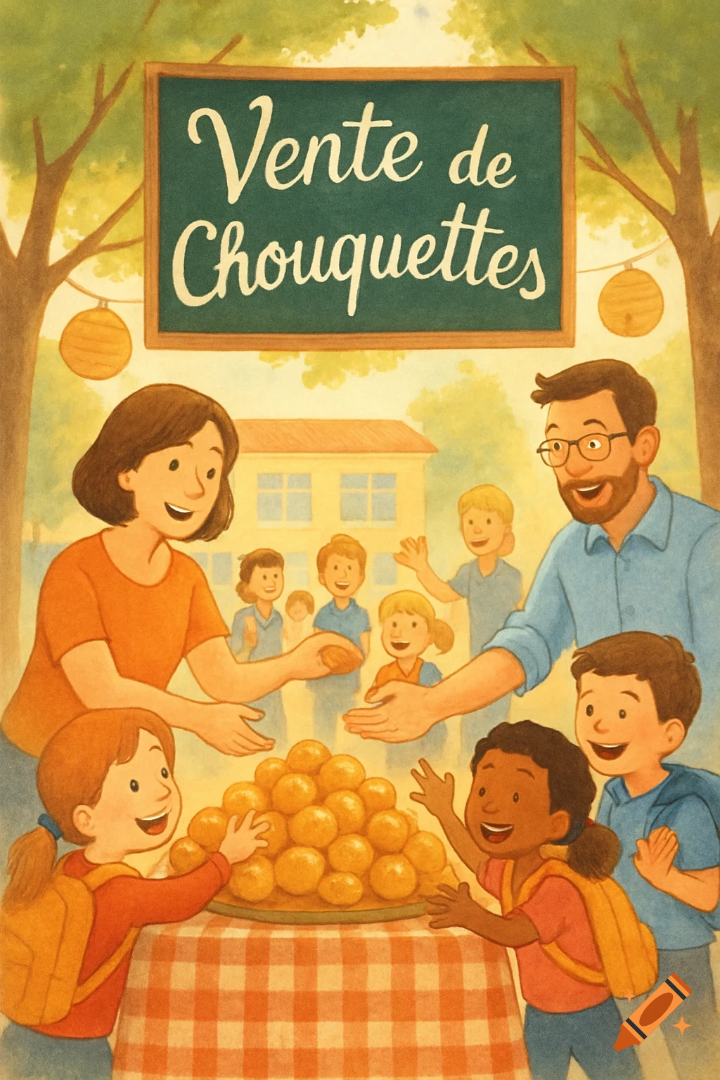 Whimsical illustration of a school bake sale. Adults and children gather around a table with chouquettes, under a sign 'Vente de Chouquettes'.