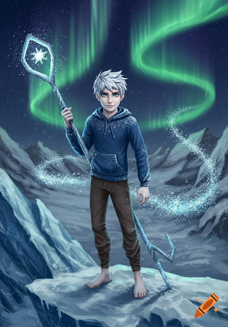 Jack Frost stands barefoot in an icy mountain landscape, holding his magical staff, with green aurora borealis lighting the night sky.