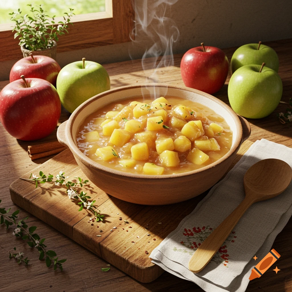 A steaming bowl of apple gumbo on a wooden table with red and green apples, cinnamon, herbs, and a wooden spoon, bathed in sunlight.