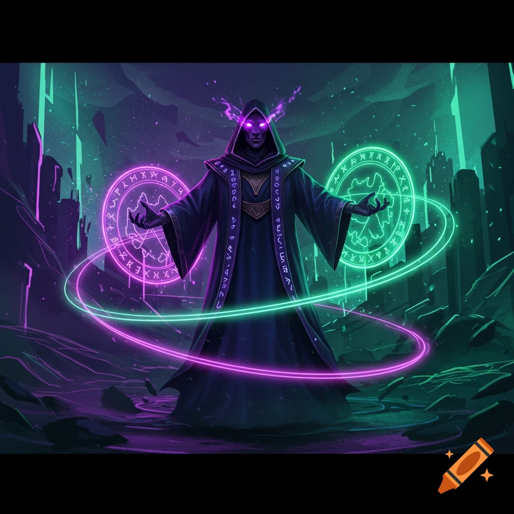A dark wizard with glowing purple eyes casts neon green and magenta magic circles in a futuristic dark city.