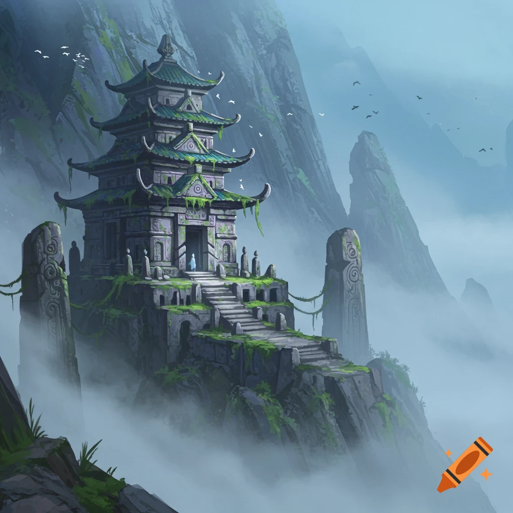 A majestic, moss-covered shaman temple stands high on a mist-shrouded mountain in a detailed fantasy painting.