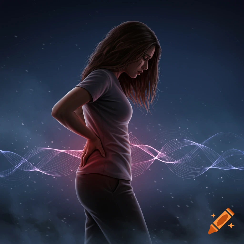 A digitally illustrated brunette woman holds her lower back, grimacing in pain, with glowing red and purple waves around her midsection.