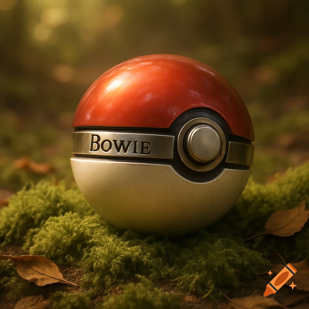 A photorealistic Pokeball with 'BOWIE' engraved on it, resting on mossy ground with fallen leaves in a forest.