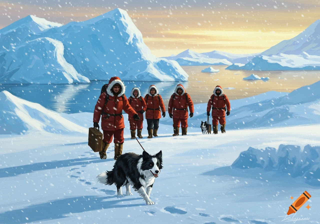 A group of arctic explorers and two dogs walk through a snowy landscape with icebergs and water at sunset.
