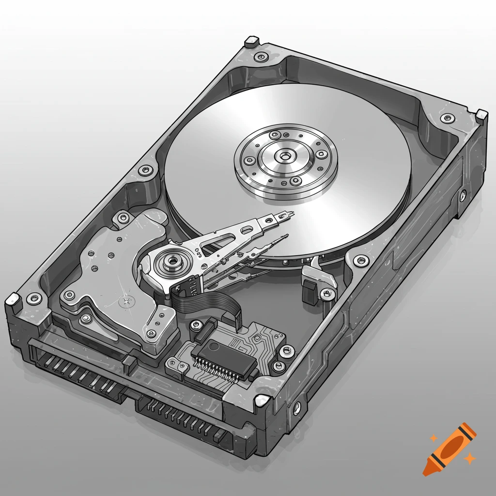 Detailed line drawing of an open hard drive with platters, read/write heads, and circuit board visible.