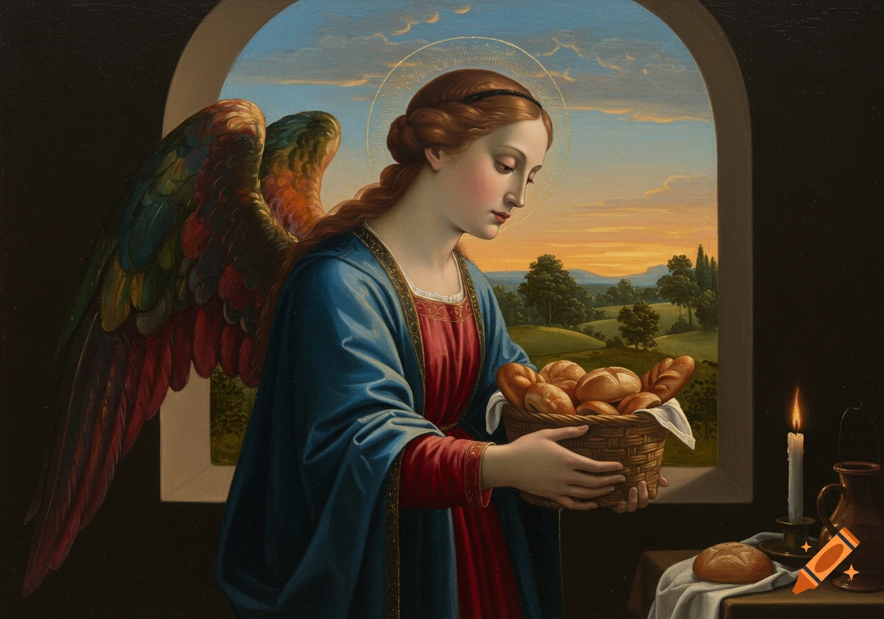 Renaissance painting of a red-haired angel in blue robes holding a bread basket by an arched window with a sunset landscape.