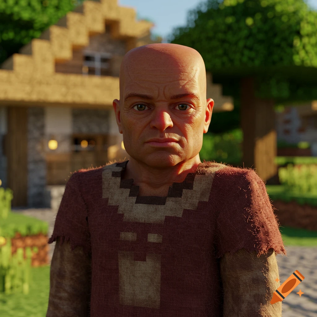 A realistic portrait of a bald man with a serious expression, wearing a pixelated-patterned tunic, in a Minecraft-style village.