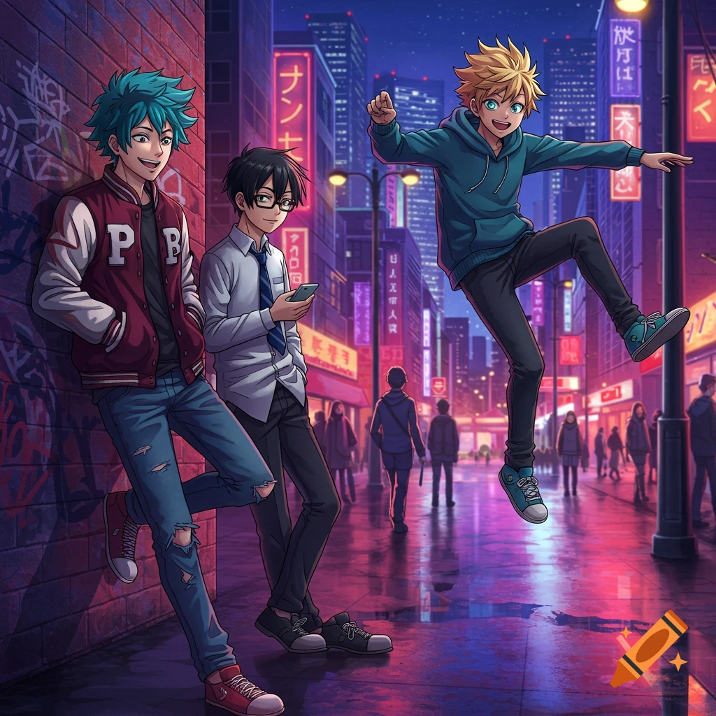 Three anime boys on a neon-lit city street at night; one leans on a wall, one looks at his phone, one jumps in the air.