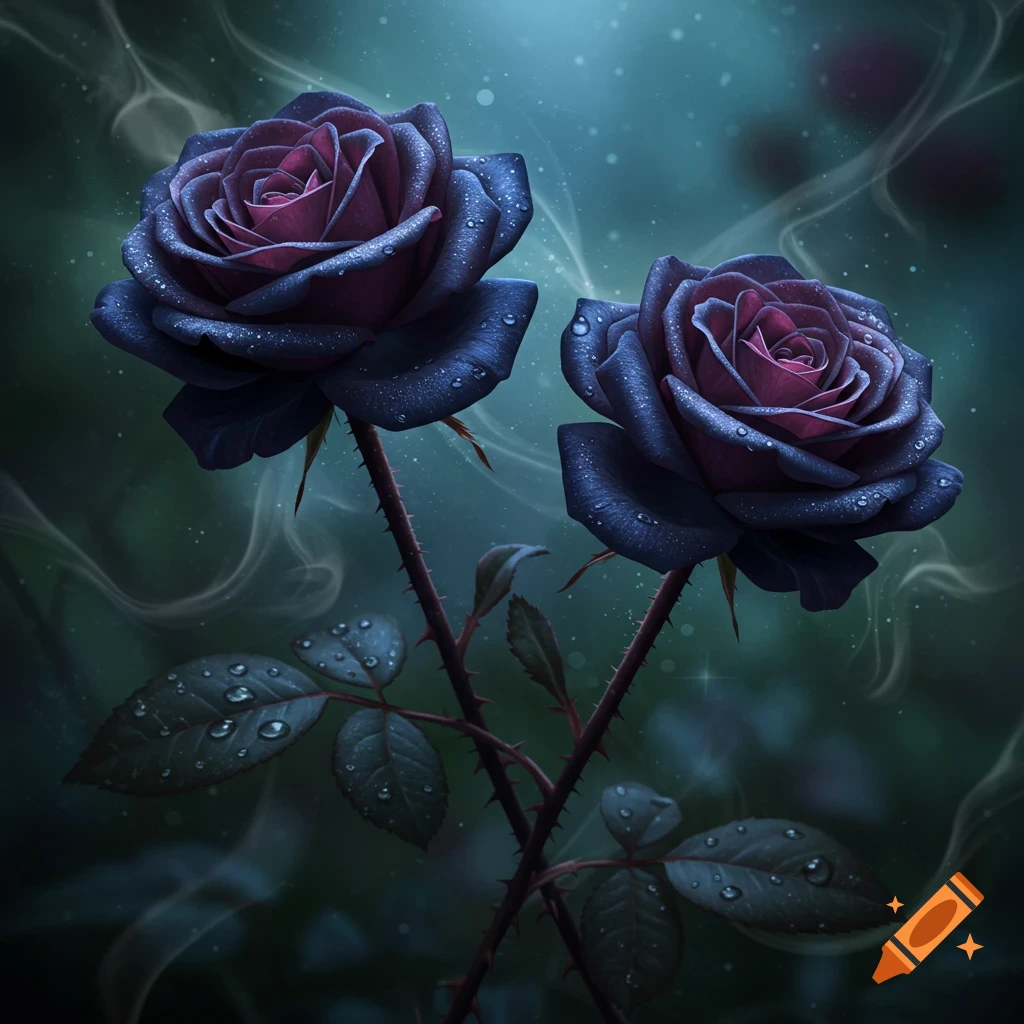 Blue Purple Rose With Raindrops and Glitters on Petals With Flames of Fire  in the Background created on Craiyon, image size:1024x1024