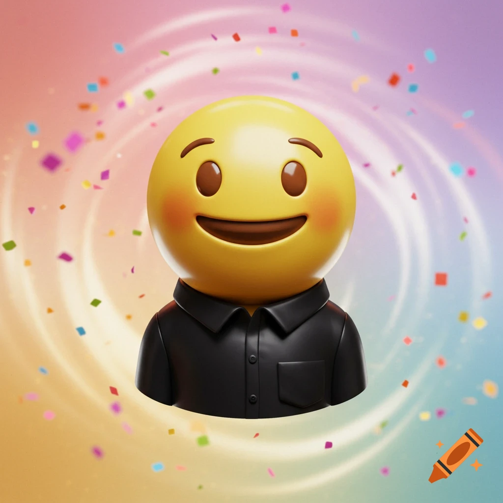 A 3D emoji wearing a black polo shirt, surrounded by colorful confetti on a swirling pastel background.
