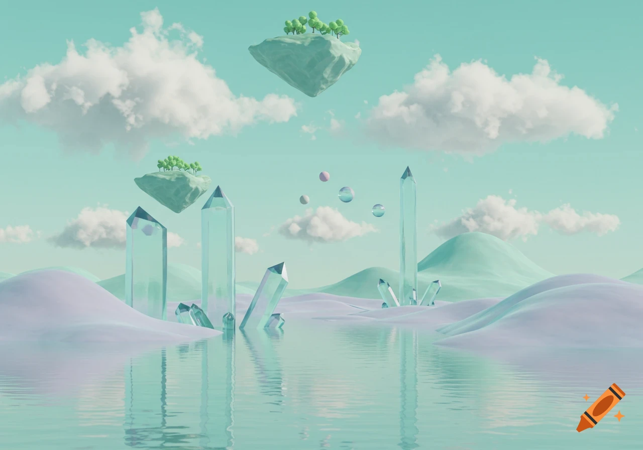 A surreal pastel landscape with floating islands, large translucent crystals, and calm water reflecting a turquoise sky.