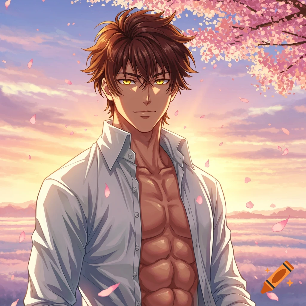 Anime-style man with brown hair, golden eyes, and a muscular torso in an open white shirt, against a sunset with cherry blossoms.