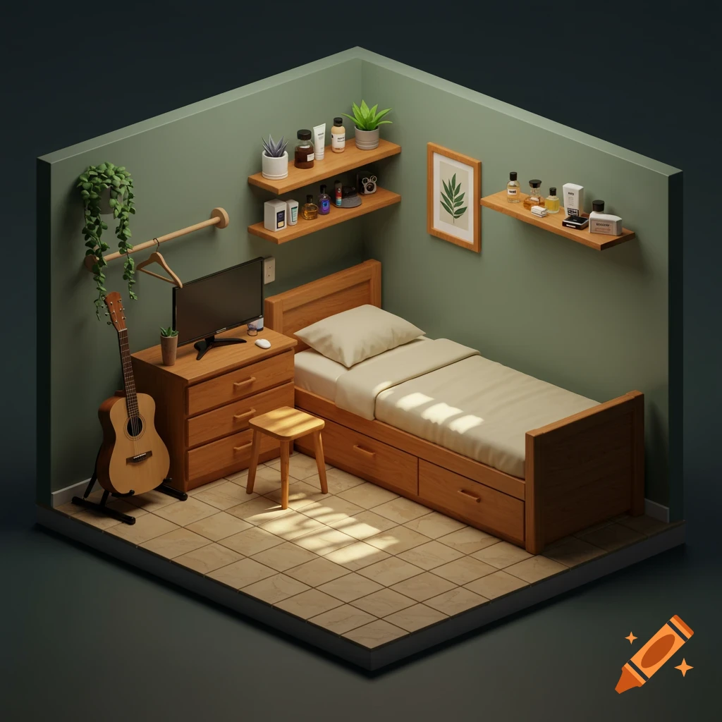 Isometric 3D render of a cozy bedroom with a wooden bed, dresser, guitar, and shelves with plants and bottles.