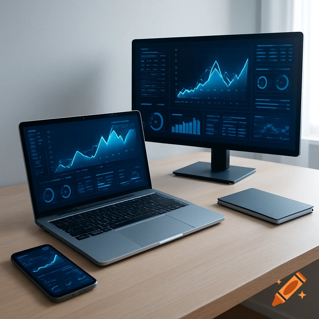 Modern desk with a laptop, monitor, and smartphone displaying digital graphs and data, next to a notebook.