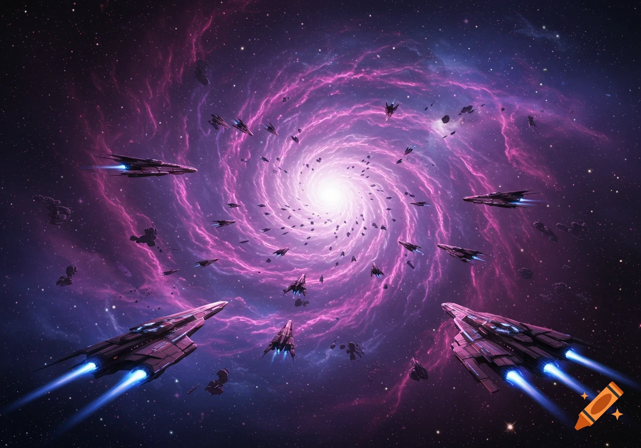 Multiple sleek spaceships fly through a vibrant purple and pink spiral galaxy with countless stars.