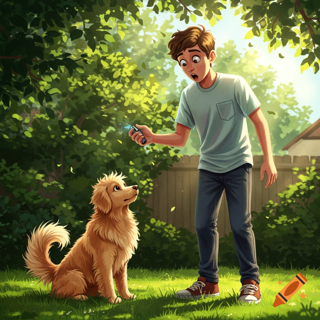 An illustrated boy with a glowing device gazes at his golden retriever dog in a sunny backyard.