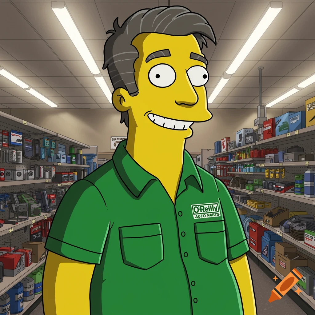 A cartoon man in the style of The Simpsons, wearing a green O'Reilly Auto Parts uniform, smiles in an auto parts store.