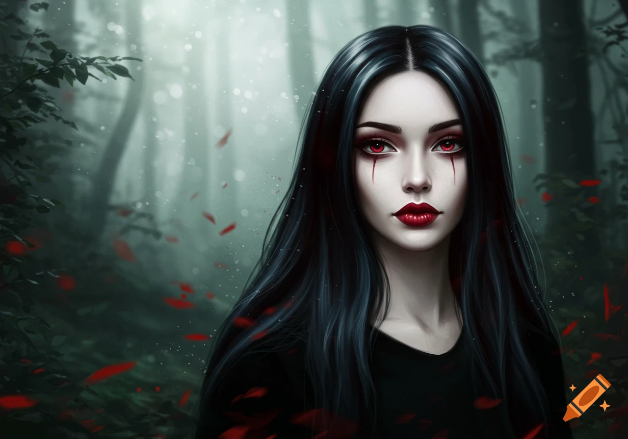 A fair woman with black hair, red eyes, and red lips looks forward in a dark, misty forest with falling red petals, digital art.