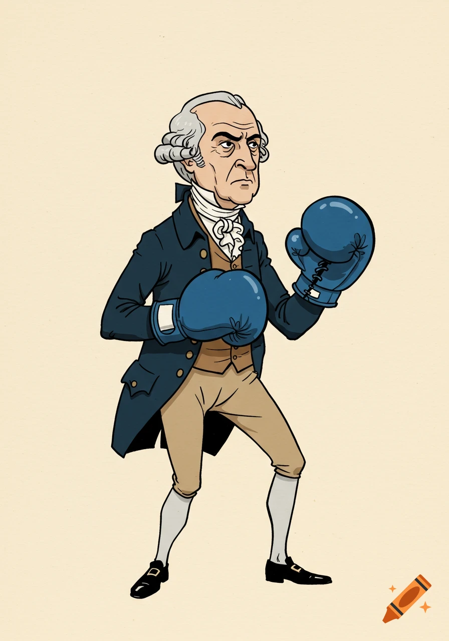 Cartoon illustration of John Quincy Adams in historical attire and blue boxing gloves, posed ready to fight.