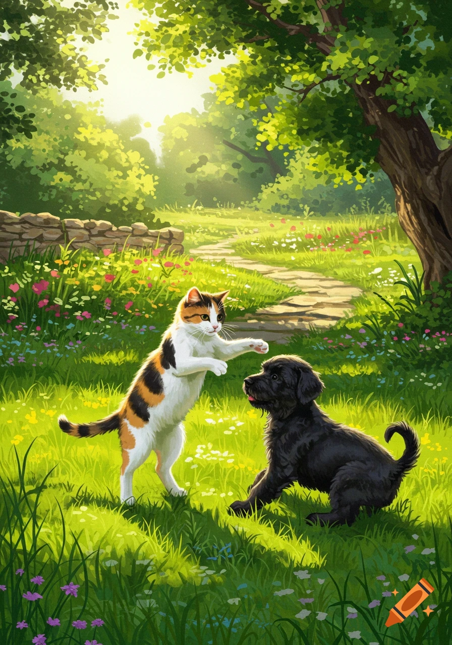 A calico cat and a black puppy play in a sunny, flower-filled green meadow surrounded by trees.