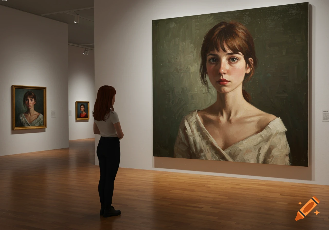 A woman stands in a modern art gallery, viewing a large oil painting portrait of herself. The gallery is white with wooden floors.