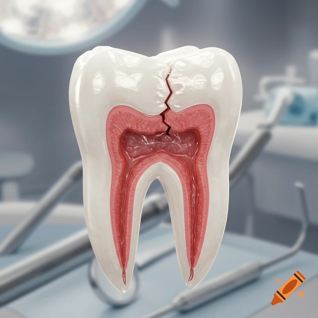 A detailed medical illustration of a tooth cross-section with a coronal fracture and exposed pulp, against a blurred dental office background.