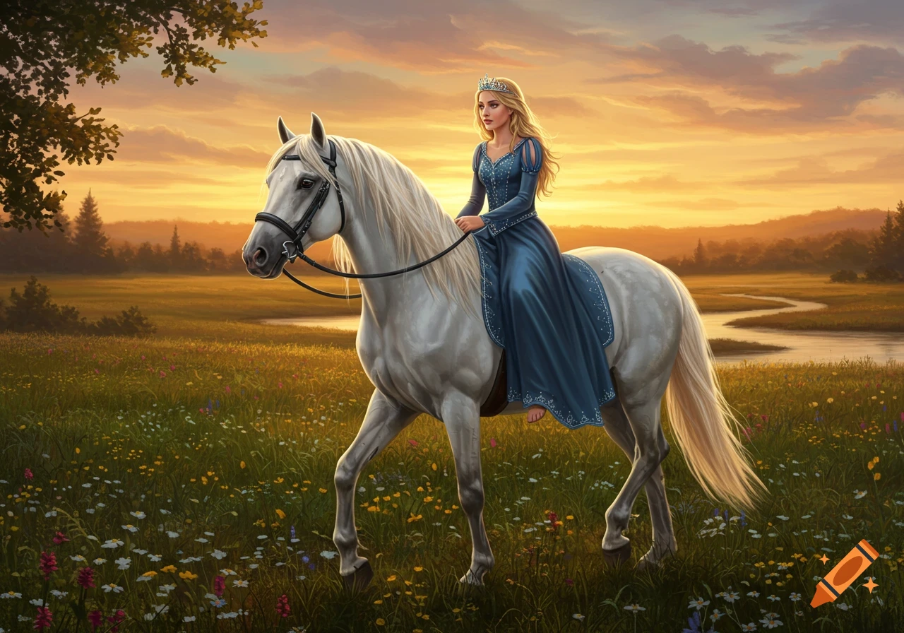 A blonde princess in a blue dress rides a white horse through a flower-filled meadow at sunset in a fantasy illustration.