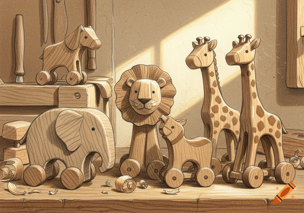 An illustration of wooden animal toys: an elephant, lion, horse, and two giraffes, on a wooden workbench with shavings.