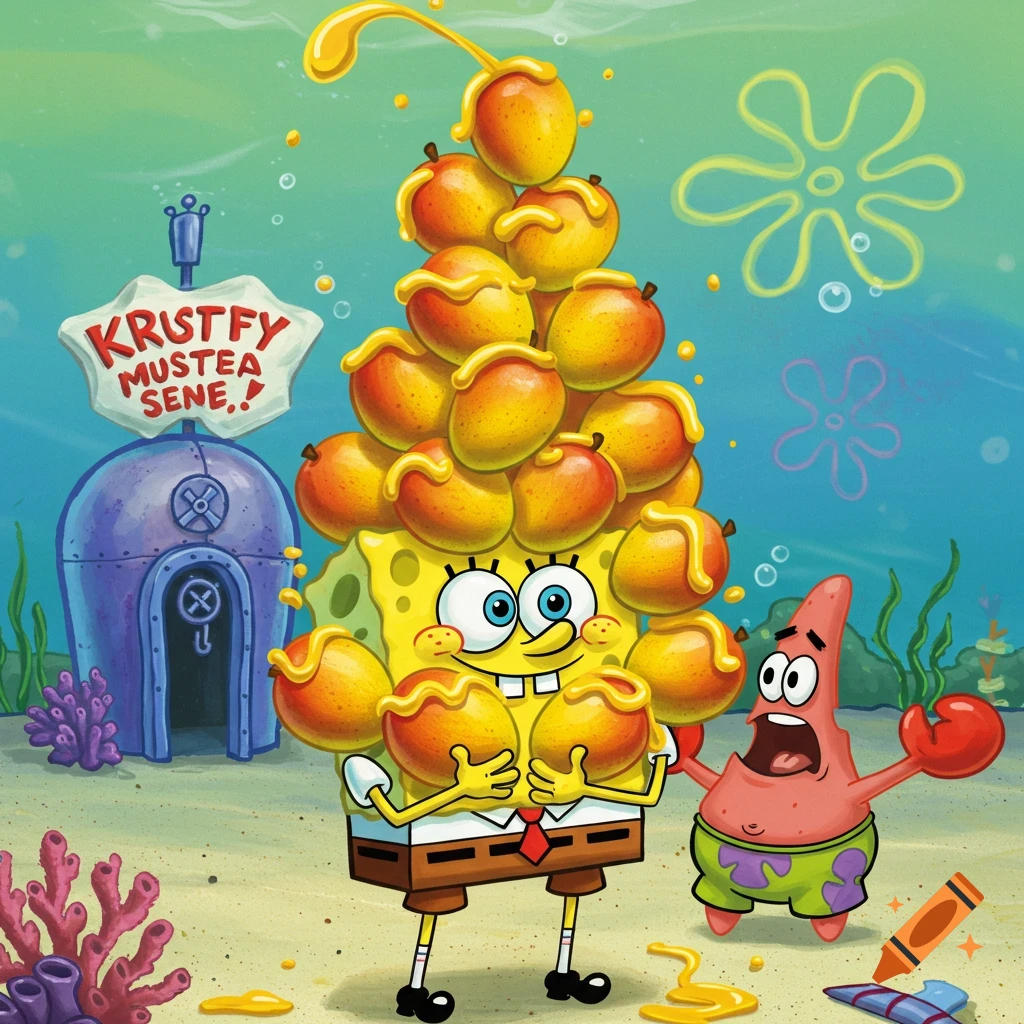 SpongeBob Squarepants holding a towering pile of mangoes drizzled with yellow sauce, while a surprised Patrick Star stands next to him in an underwater scene.