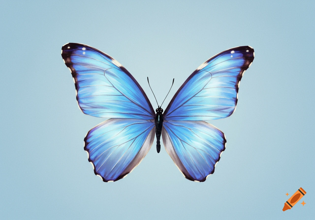 A blue butterfly with black and white-spotted edges on its wings, against a light blue background.