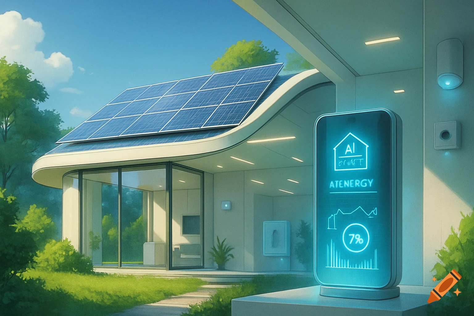 A sleek, futuristic smart home with solar panels on the roof and a glowing AI energy management device, surrounded by lush green foliage.