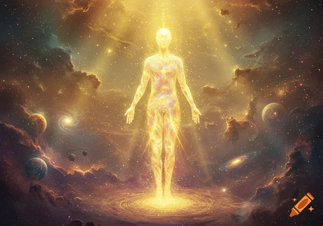 A glowing, golden humanoid figure stands centered in a cosmic scene with planets, stars, and nebulae.
