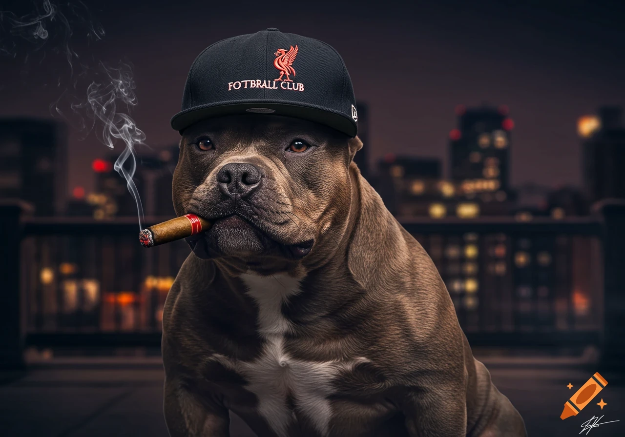 A brown pitbull-type dog wearing a black 'FOTBRALL CLUB' baseball cap and smoking a cigar, against a blurred city night.