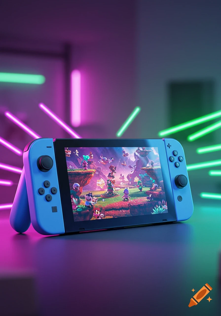 A blue Nintendo Switch console displays a colorful video game with numerous cartoon characters on its screen, set against a blurred background of pink and green neon lights.