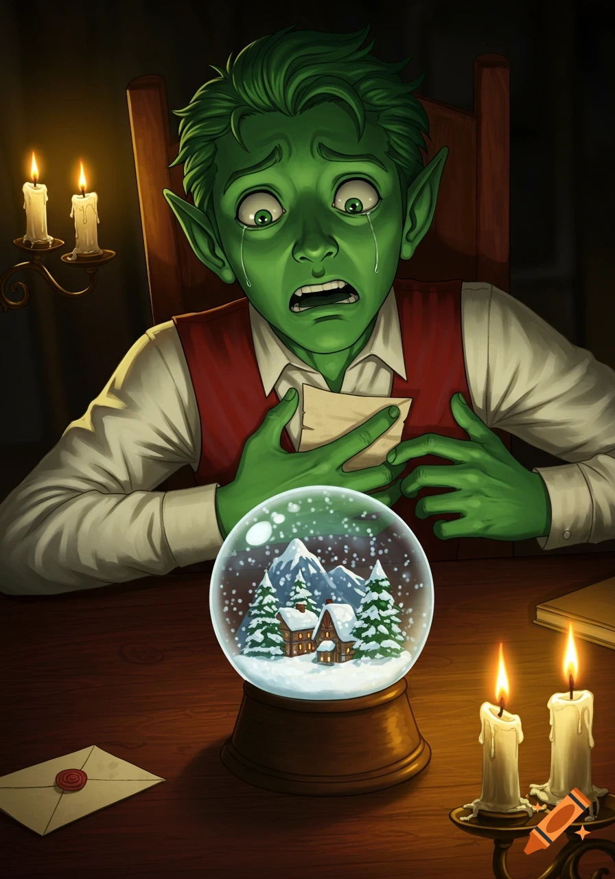 A green-skinned character with pointy ears, holding a letter and looking shocked at a snowglobe on a candlelit table, illustrated.