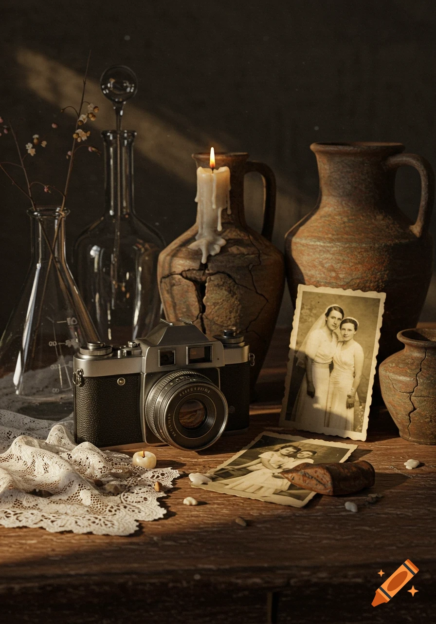 A moody still life featuring a vintage camera, old pots, a burning candle, glass flasks, lace, and antique photographs on a wooden table.