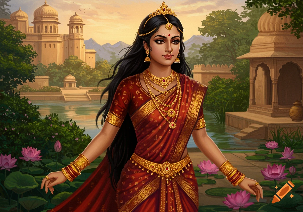 A beautiful Indian woman in a red and gold sari and elaborate jewelry stands by a lake with lotus flowers, with an ancient palace at sunset.