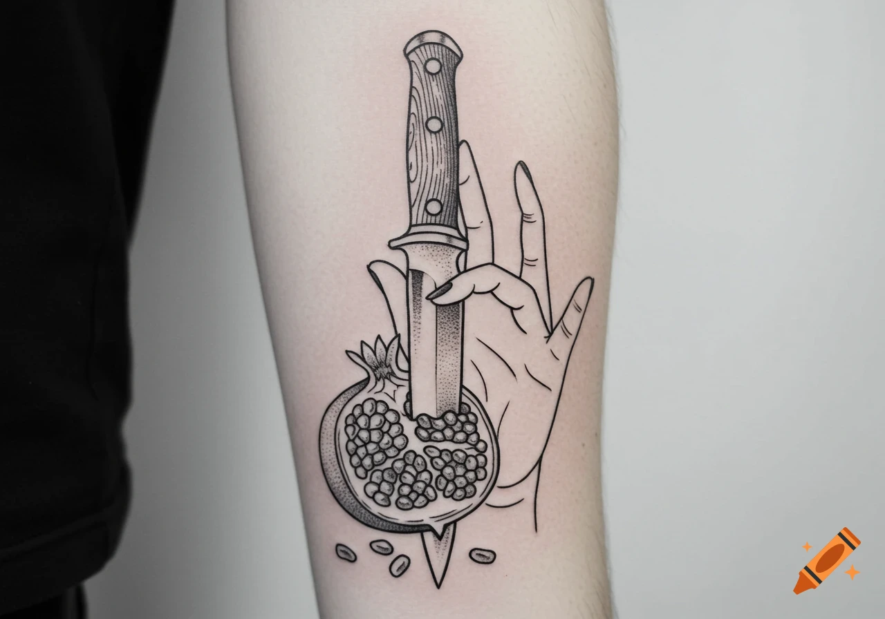 A line art tattoo on an arm showing a hand holding a knife that pierces a pomegranate.