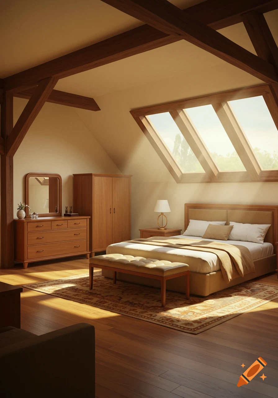 Sunlit attic bedroom with exposed wooden beams, skylights, a large bed, wooden furniture, and a patterned rug.
