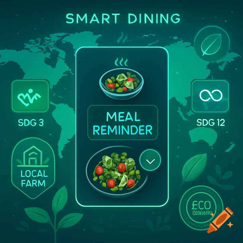 A 'Smart Dining' infographic on a dark green background with a world map, featuring icons for SDG 3, SDG 12, Local Farm, and ECO. Two bowls of salad and a 'Meal Reminder' box are central.