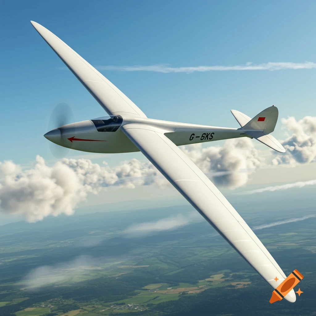 A white motor glider with a propeller at its nose, flies over green fields under a blue sky with white clouds. The registration "G-6KS" is on its tail.