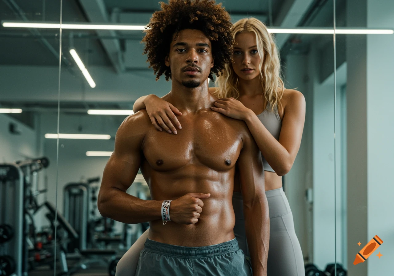 Sweaty muscular man and blonde woman in a modern gym, woman's arms around his shoulders, photorealistic.