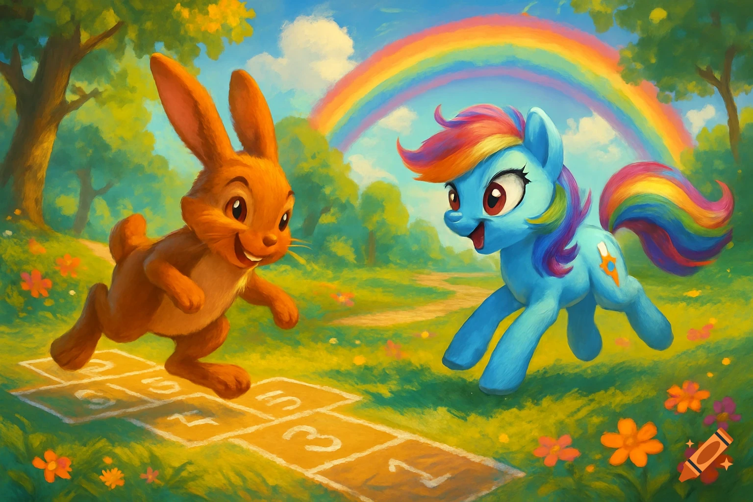 A cartoon rabbit and My Little Pony's Rainbow Dash play hopscotch in a vibrant, painterly field with a rainbow.