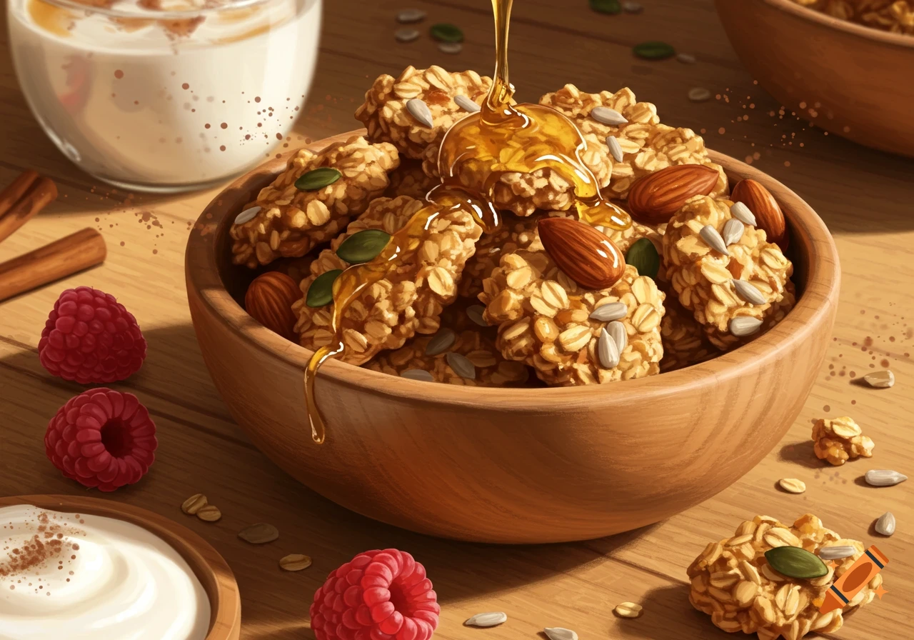 Photorealistic image of honey pouring over a bowl of granola with almonds, seeds, raspberries, and yogurt on a wooden table.