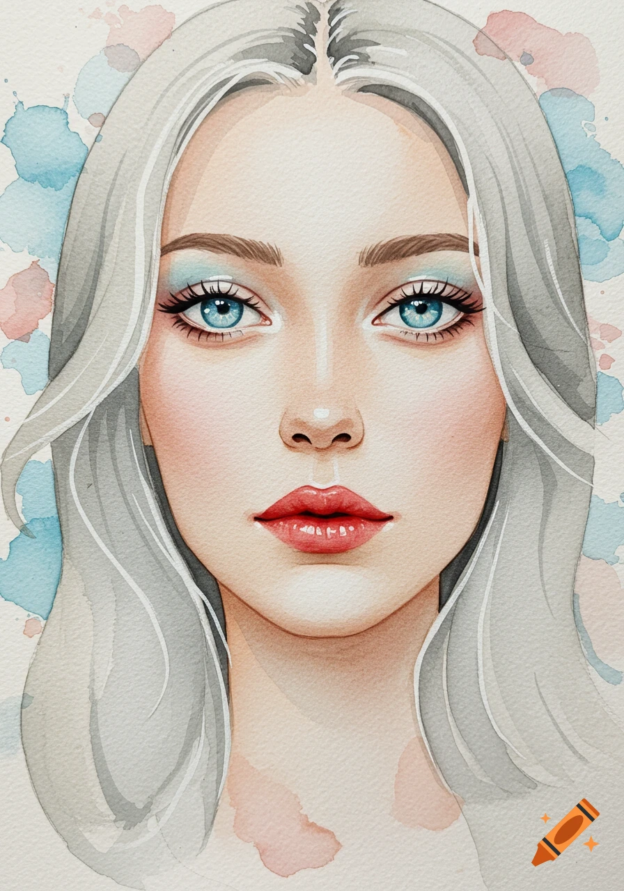 Watercolor portrait of a woman with long light gray hair, blue eyes, and red lips, with watercolor splatters in the background.